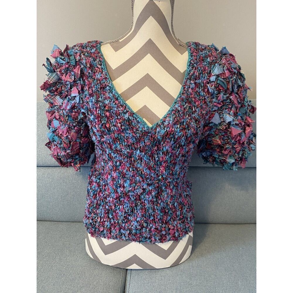 Handmade Knit Upcycled Fabric Pink Blue Purple 80s Art Whimsy Cropped Small